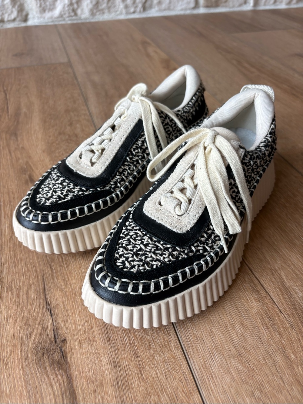 Dolce Vita Woven Platform Lace-Up Sneakers in Black & Cream